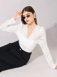 Women's Embellished White Scallop V-Neck Sheer Fitted Top