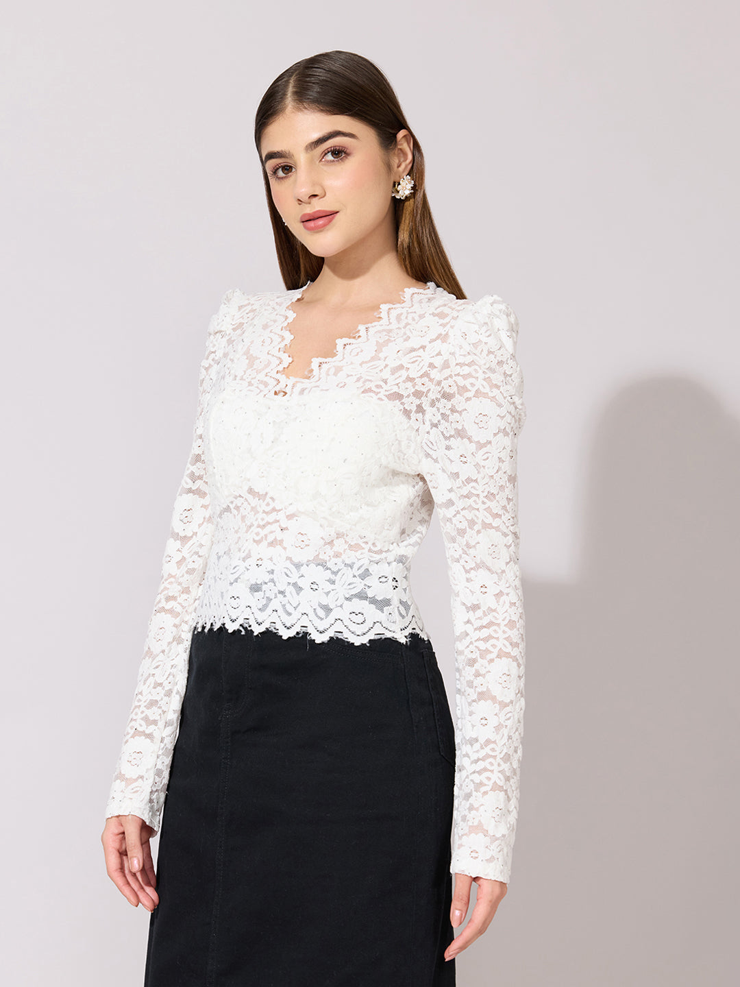 Women's Embellished White Scallop V-Neck Sheer Fitted Top