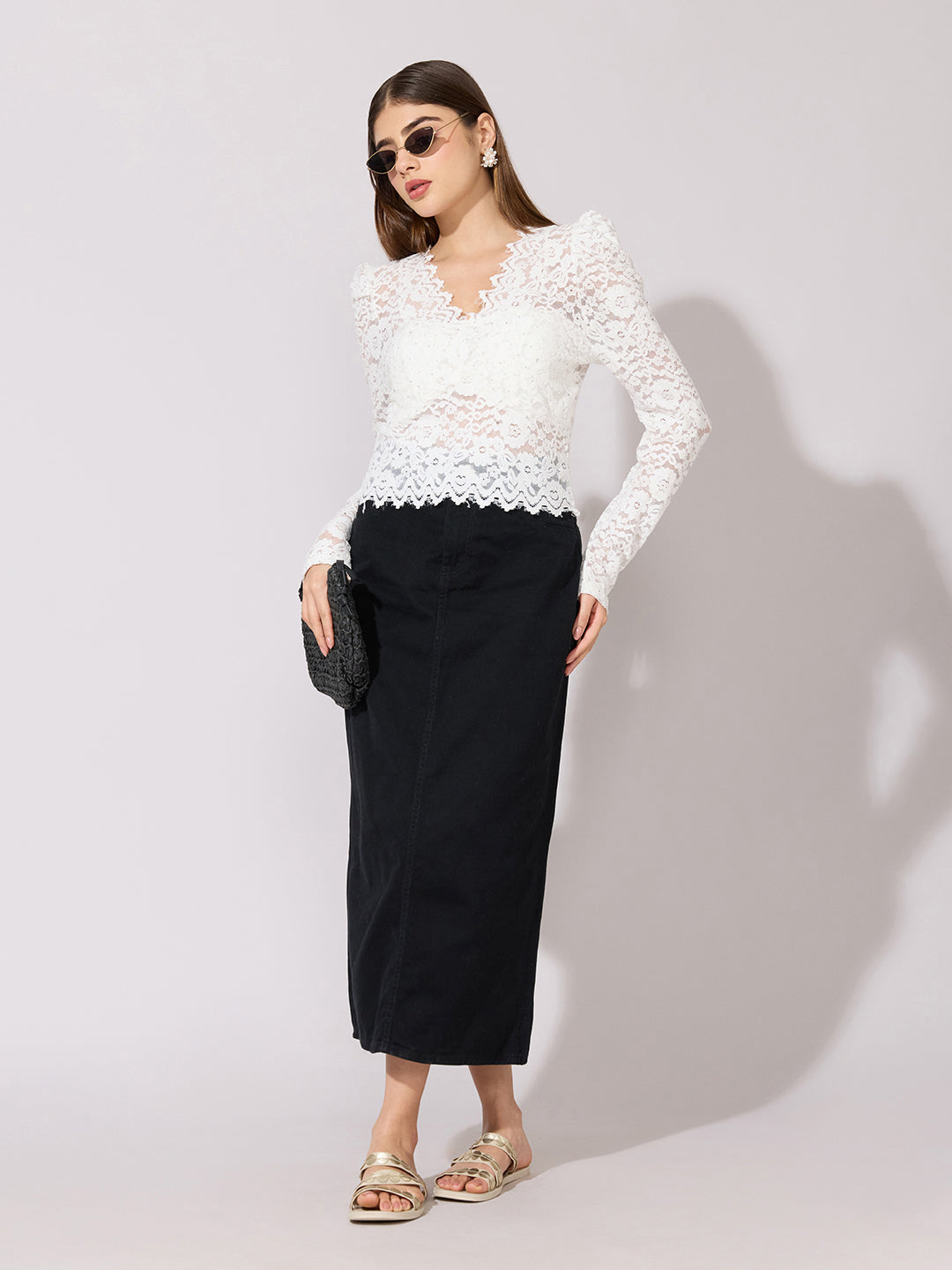 Women's Embellished White Scallop V-Neck Sheer Fitted Top