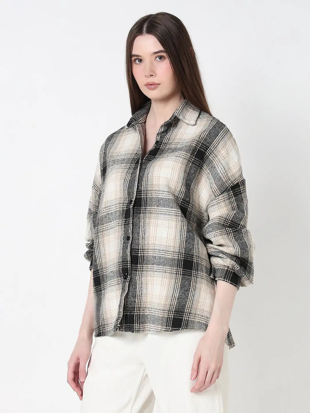 Women's Checked Beige Oversized Button Down Shirt - Uncategorized from SHOWOFFFF