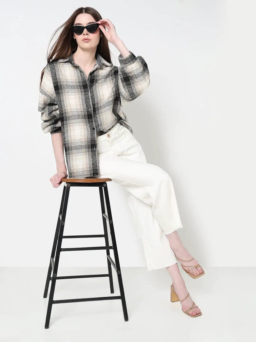 Women's Checked Beige Oversized Button Down Shirt - Uncategorized from SHOWOFFFF