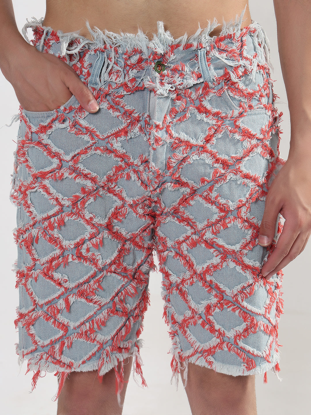 Men's Blue Regular Fit Distressed Denim Shorts with Red Detailing