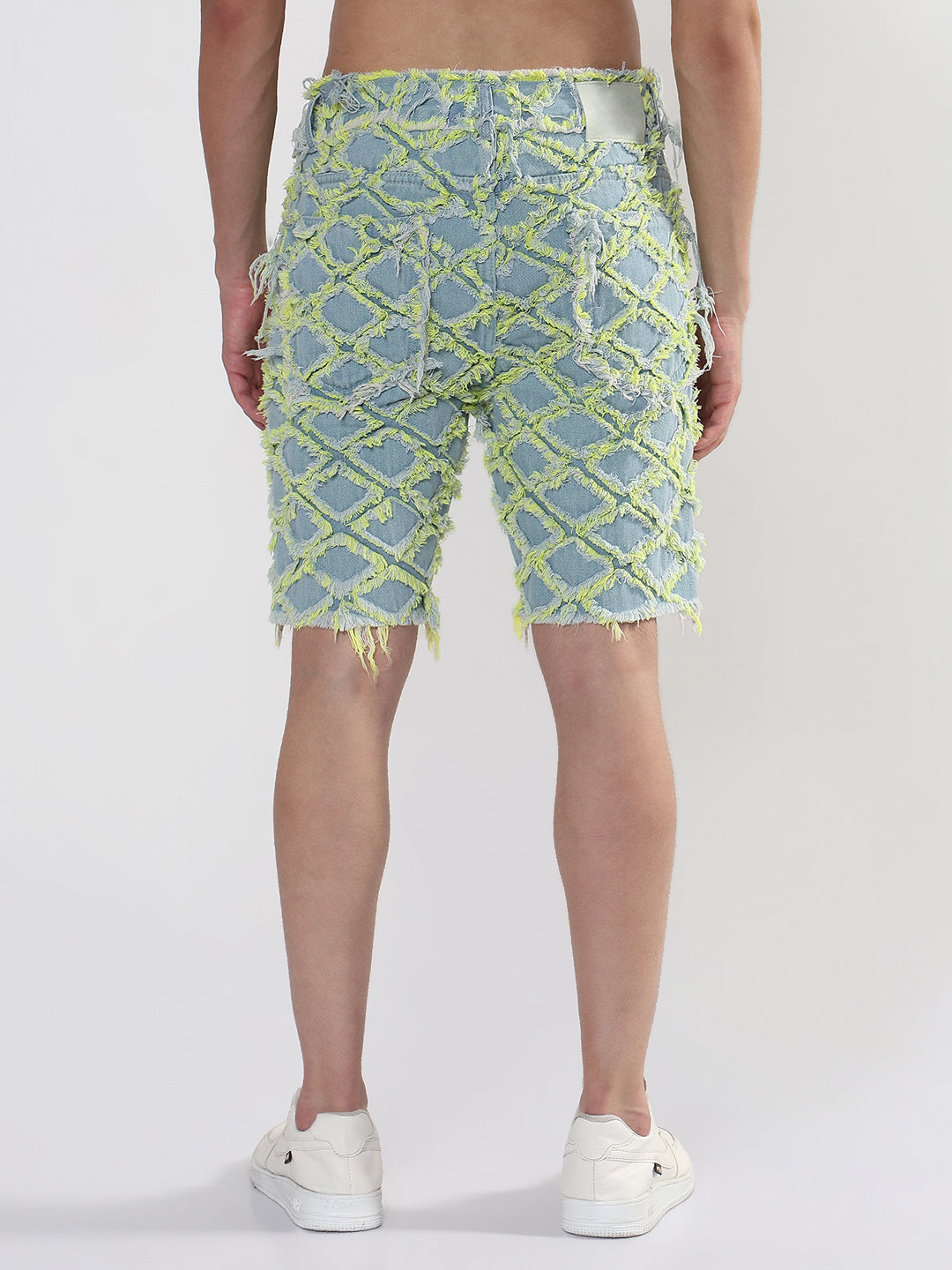 Men's Blue Regular Fit Distressed Denim Shorts with Yellow Detailing