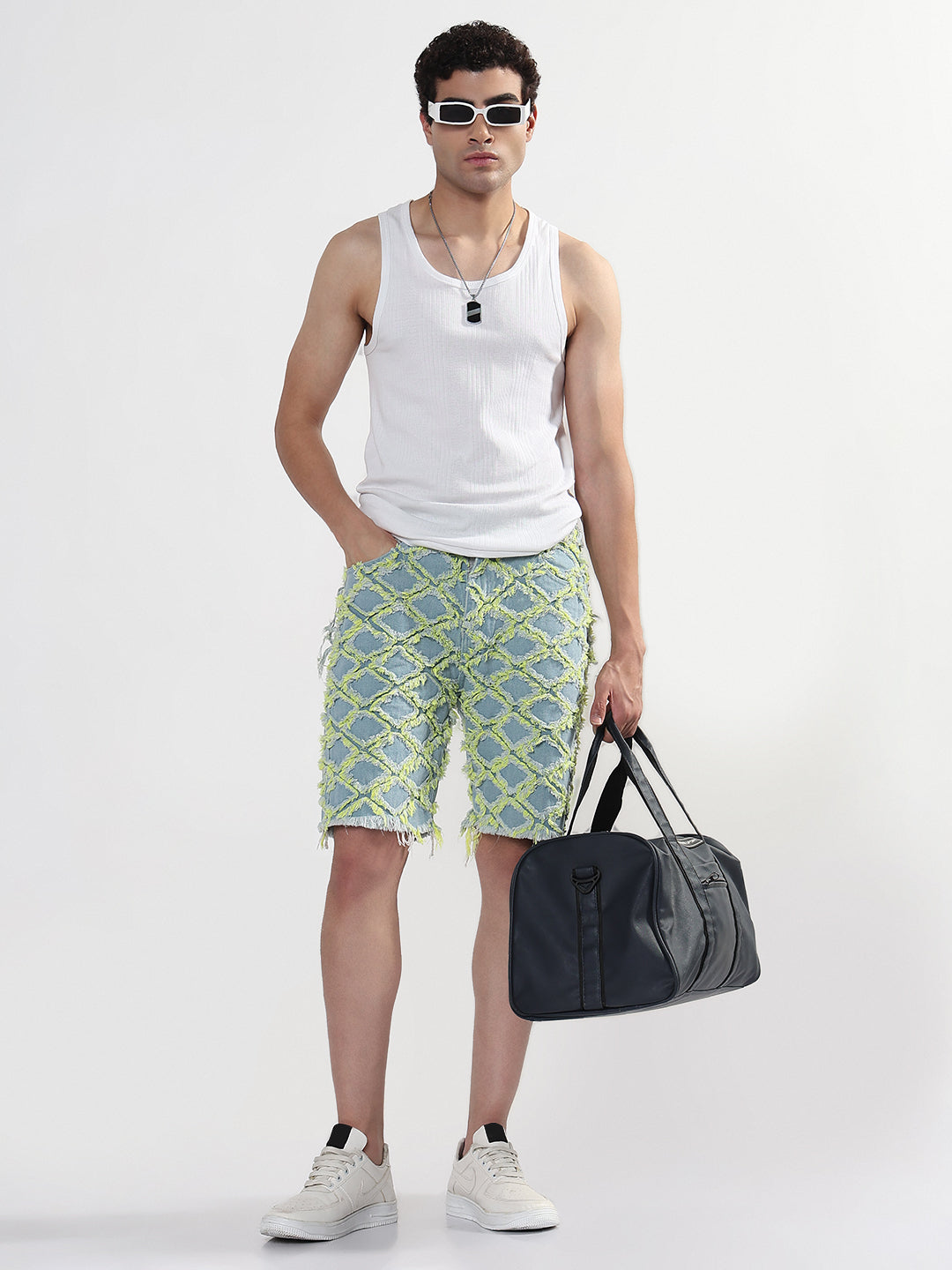 Men's Blue Regular Fit Distressed Denim Shorts with Yellow Detailing