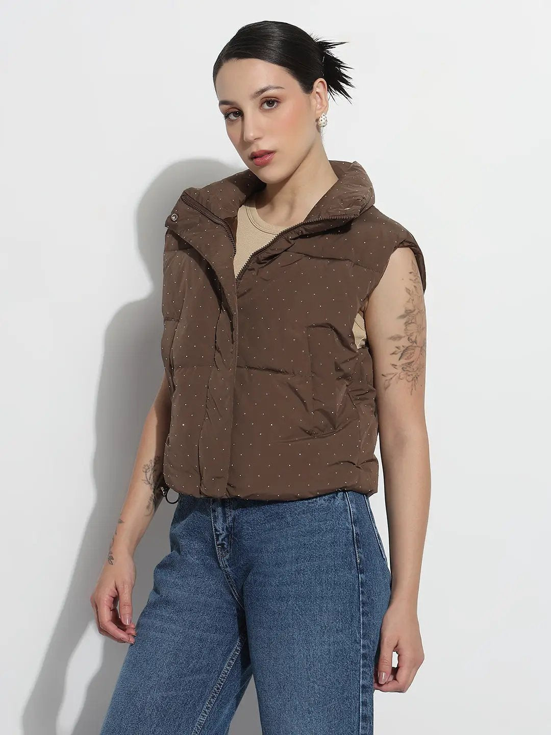 Women's Embellished Brown Mock Collar Zipper Puffer Jacket - from SHOWOFFFF