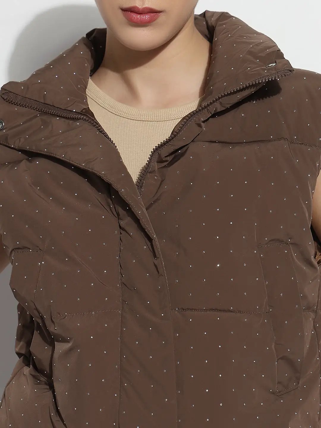 Women's Embellished Brown Mock Collar Zipper Puffer Jacket - from SHOWOFFFF