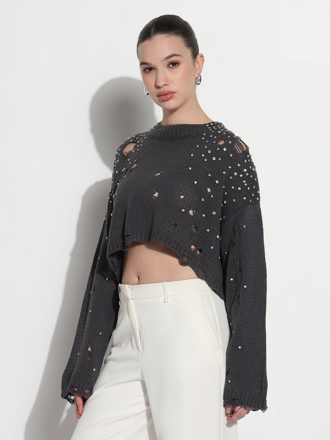 Women's Embellished Charcoal Ripped Crop Top with Studs