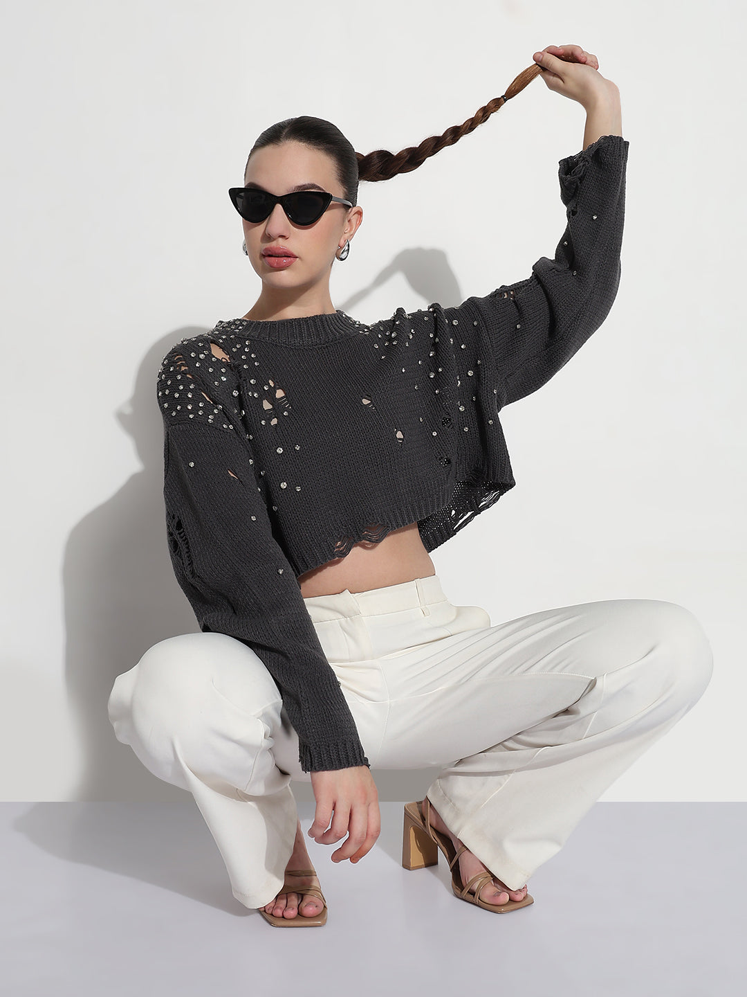 Women's Embellished Charcoal Ripped Crop Top with Studs