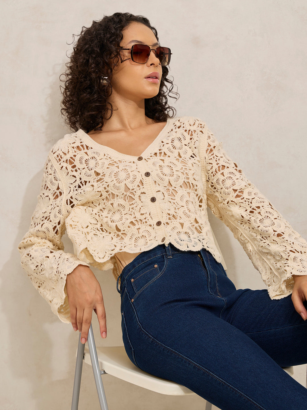 Women's Crochet Floral Cream Button-Down Top