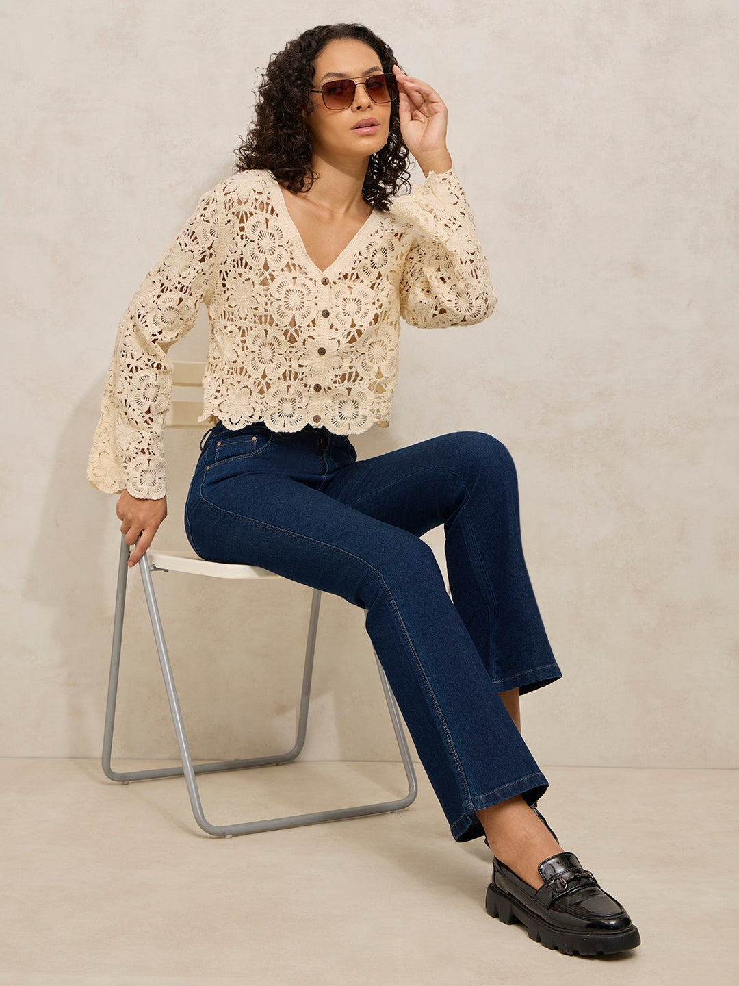 Women's Crochet Floral Cream Button-Down Top