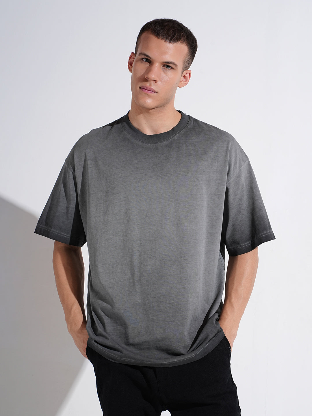Men's Faded Ombre Grey Short Sleeves Crew Neck Oversized T-Shirt