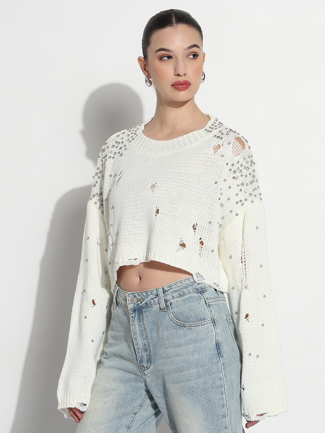 Women's Embellished Off White Ripped Crop Top with Studs