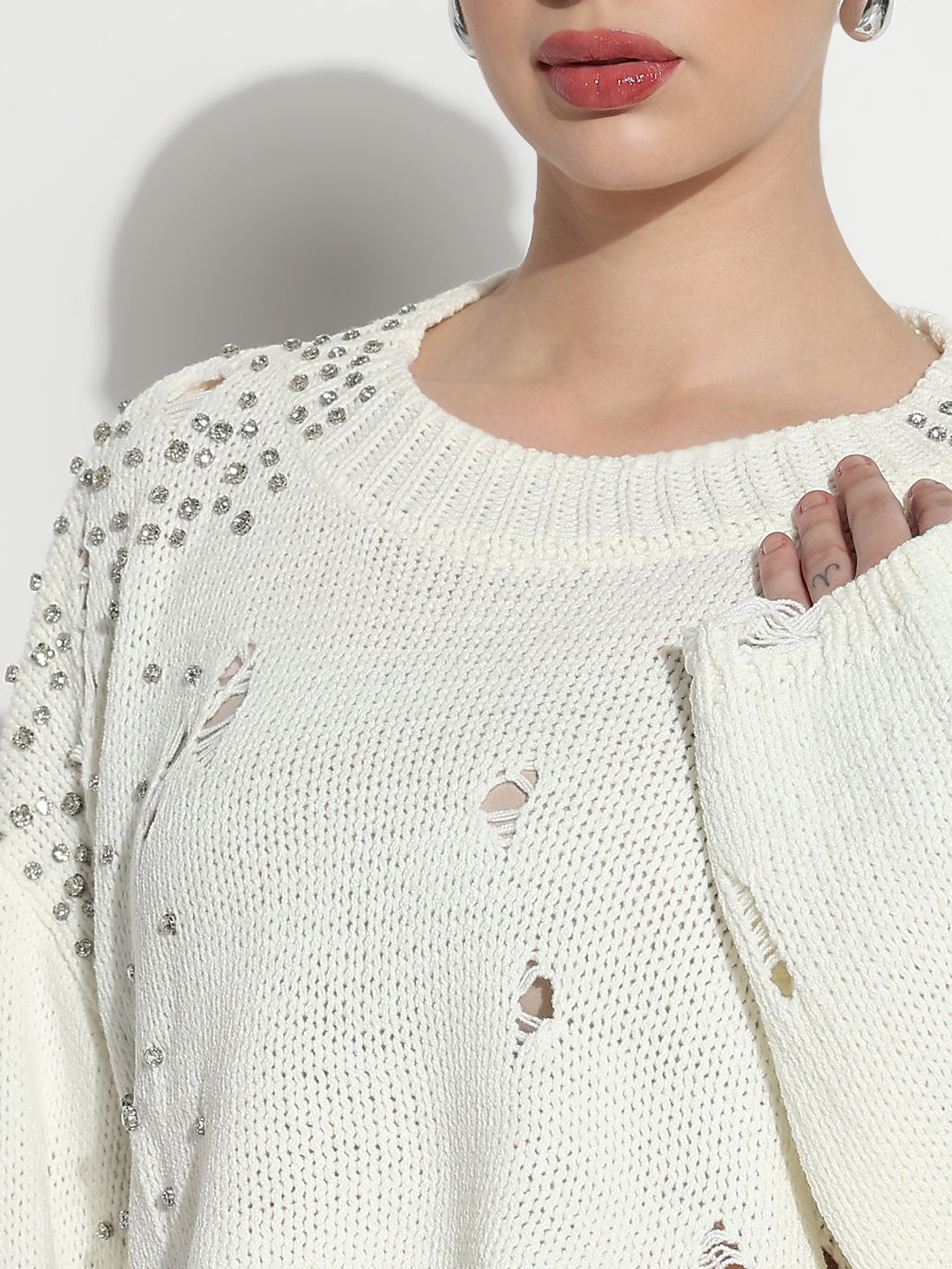 Women's Embellished Off White Ripped Crop Top with Studs