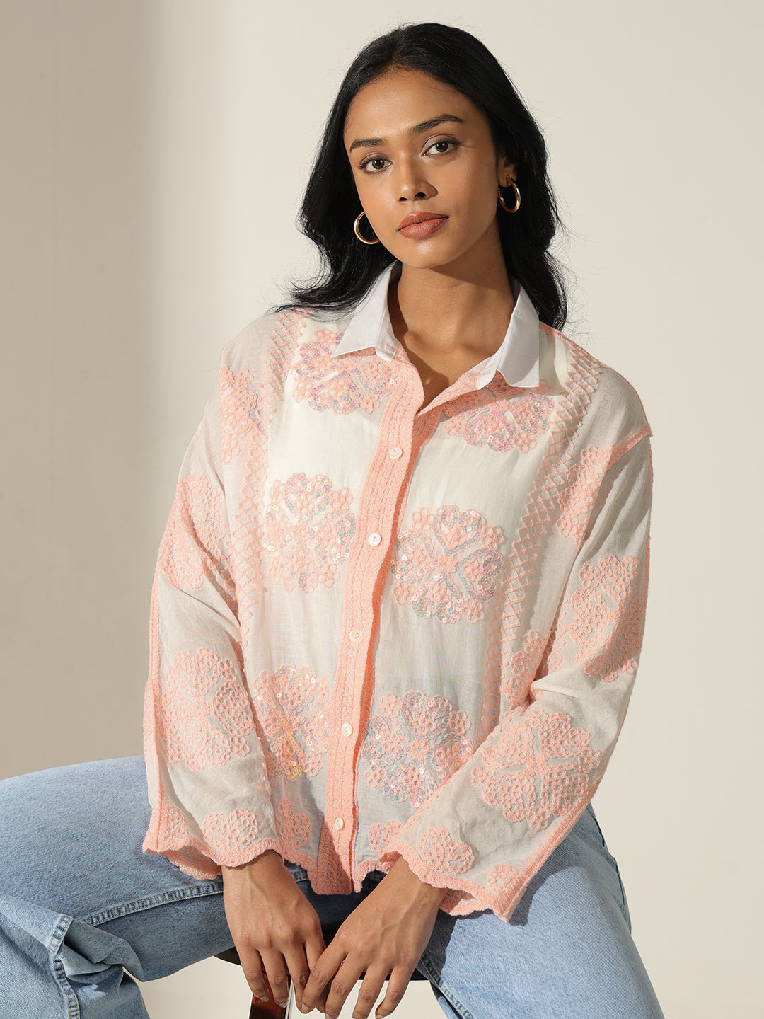 Women's Embroidered Peach & White Relaxed Fit Shirt with Scalloped Hem