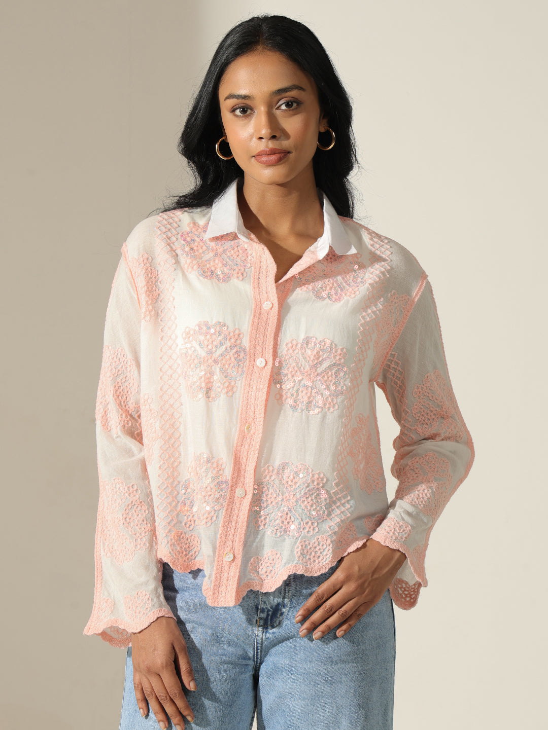 Women's Embroidered Peach & White Relaxed Fit Shirt with Scalloped Hem