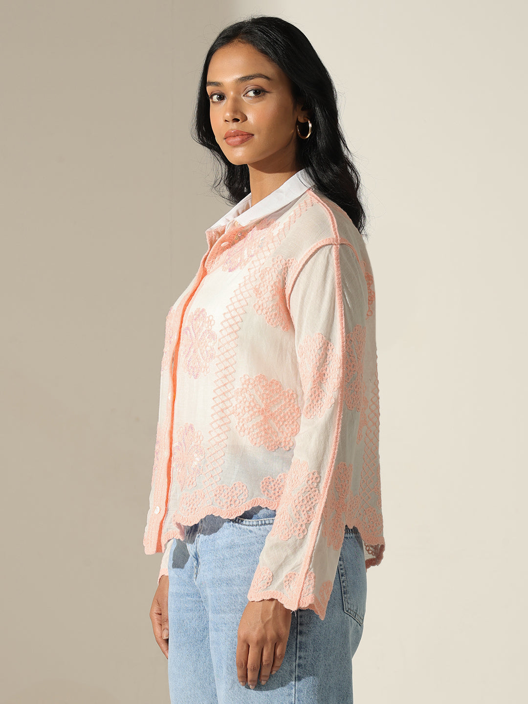 Women's Embroidered Peach & White Relaxed Fit Shirt with Scalloped Hem