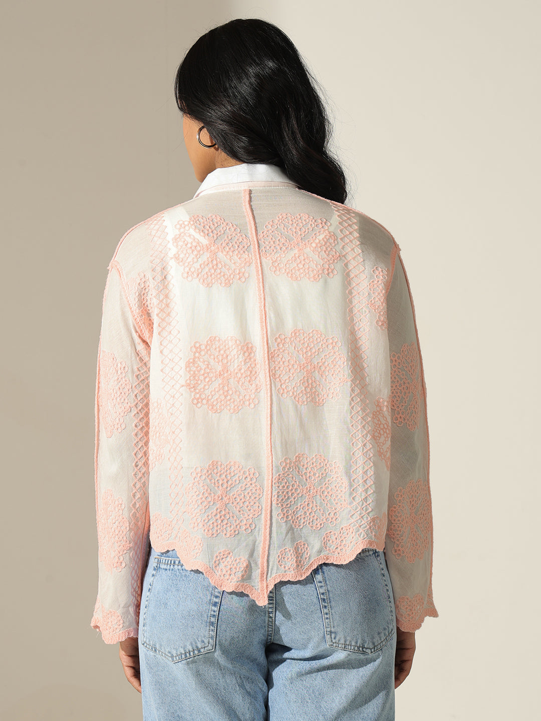 Women's Embroidered Peach & White Relaxed Fit Shirt with Scalloped Hem