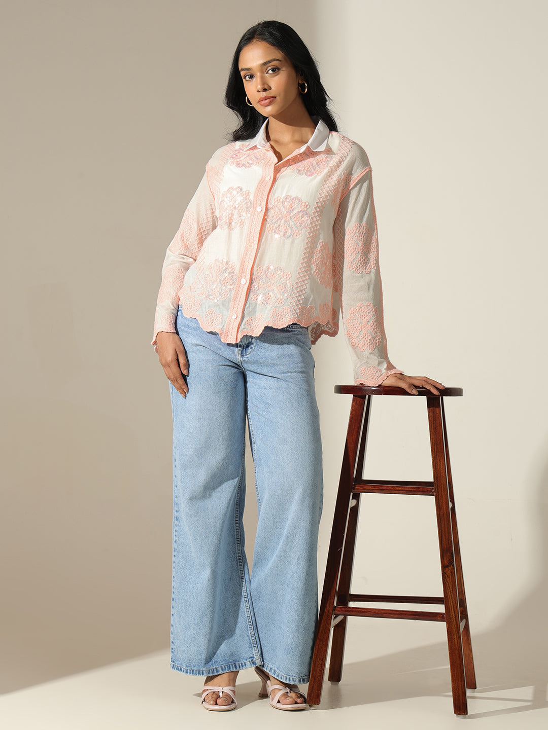 Women's Embroidered Peach & White Relaxed Fit Shirt with Scalloped Hem