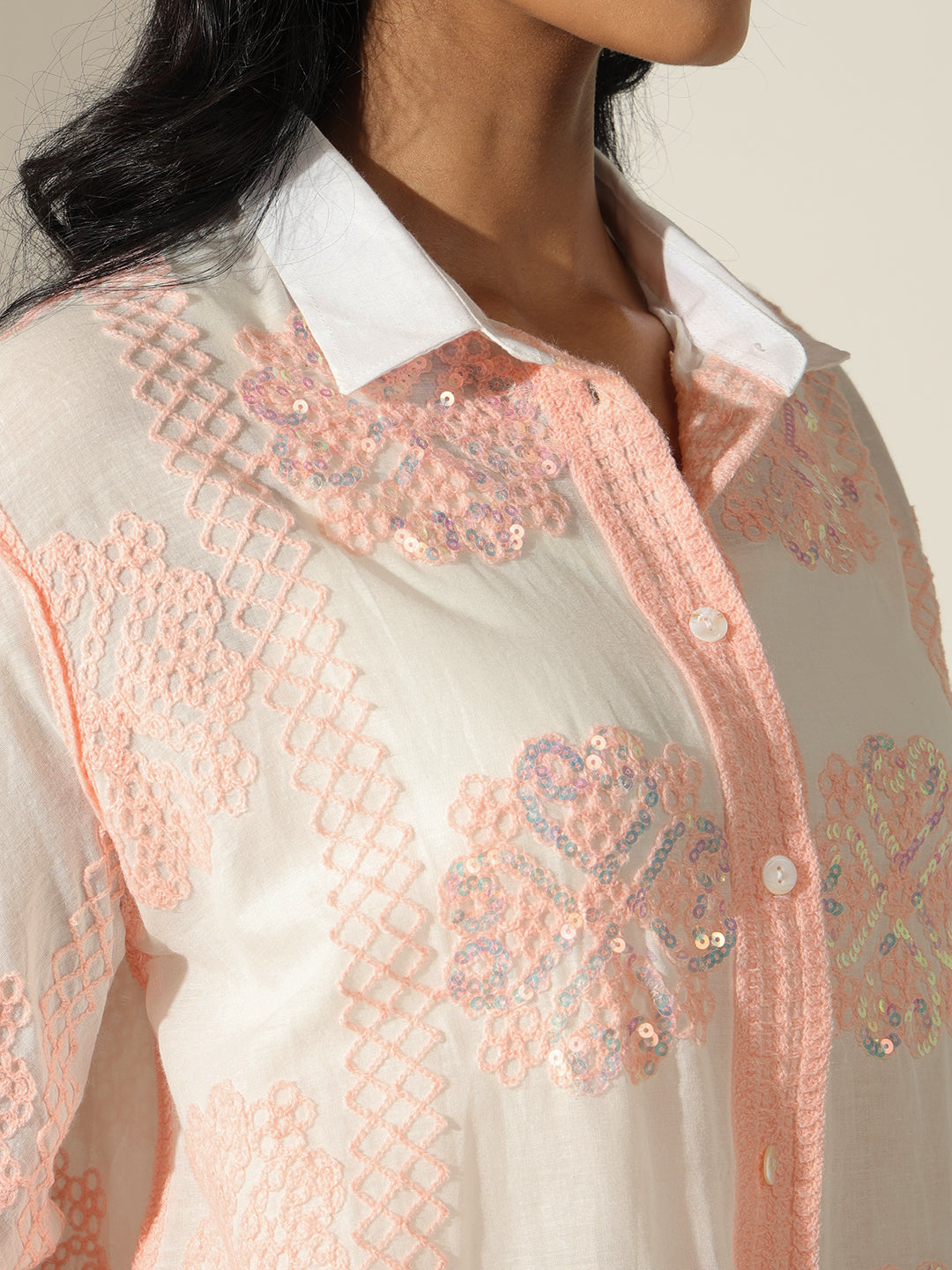Women's Embroidered Peach & White Relaxed Fit Shirt with Scalloped Hem