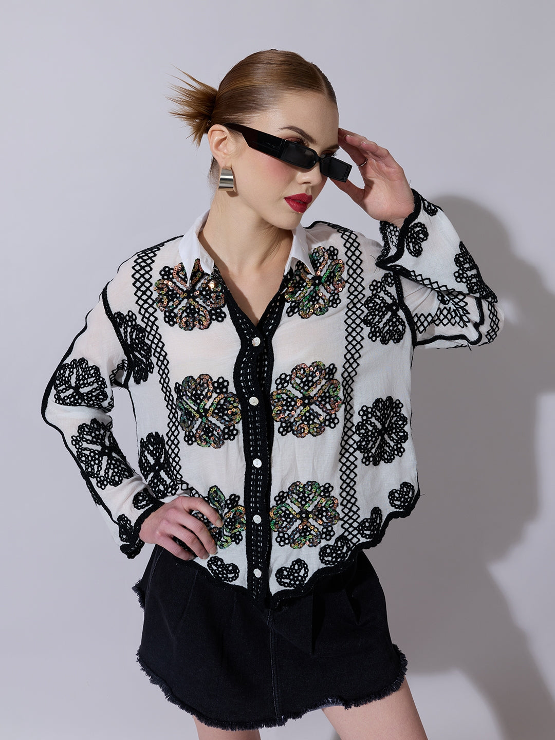 Women's Sequin White Embroidered Shirt