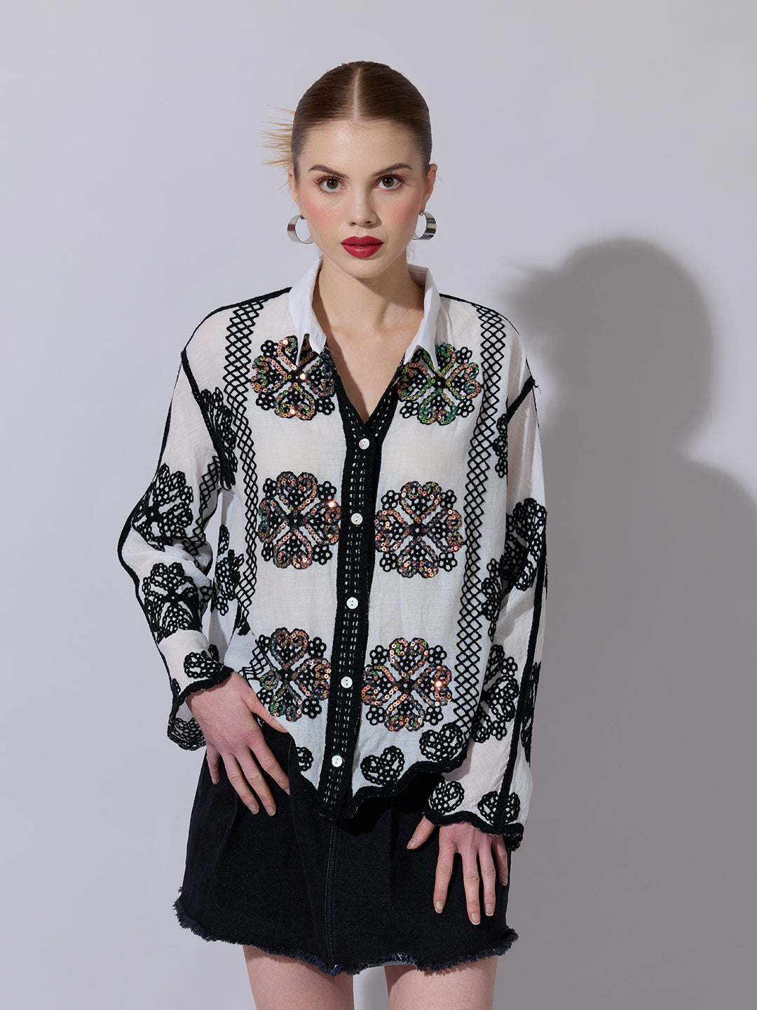 Women's Sequin White Embroidered Shirt