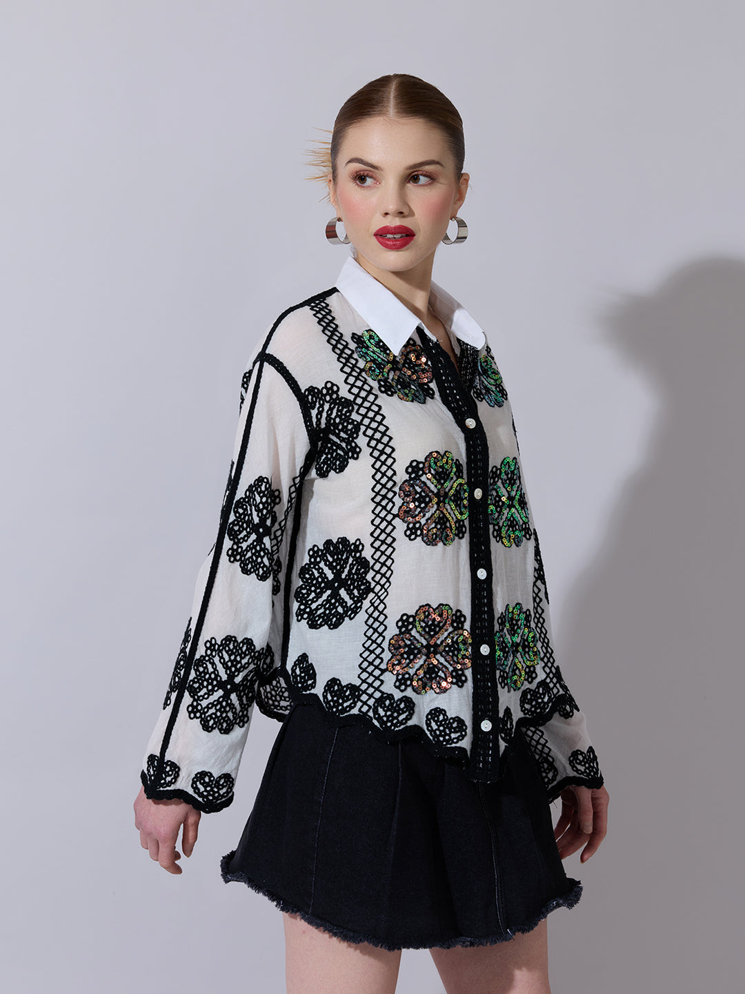 Women's Sequin White Embroidered Shirt