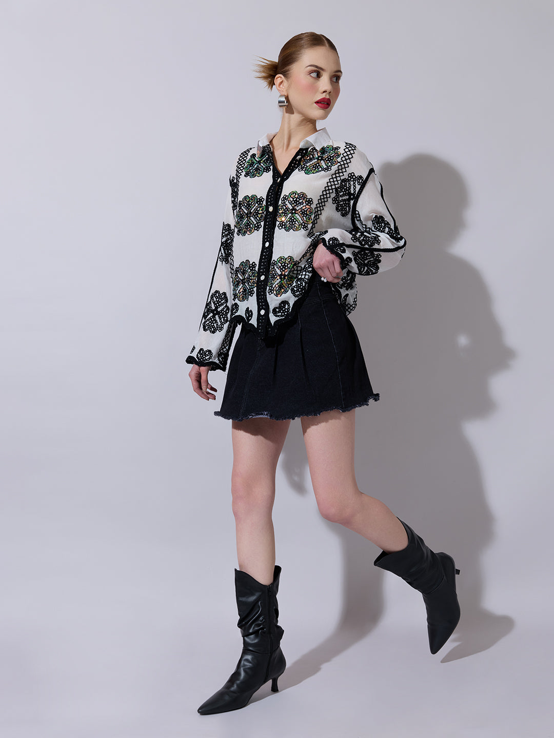 Women's Sequin White Embroidered Shirt