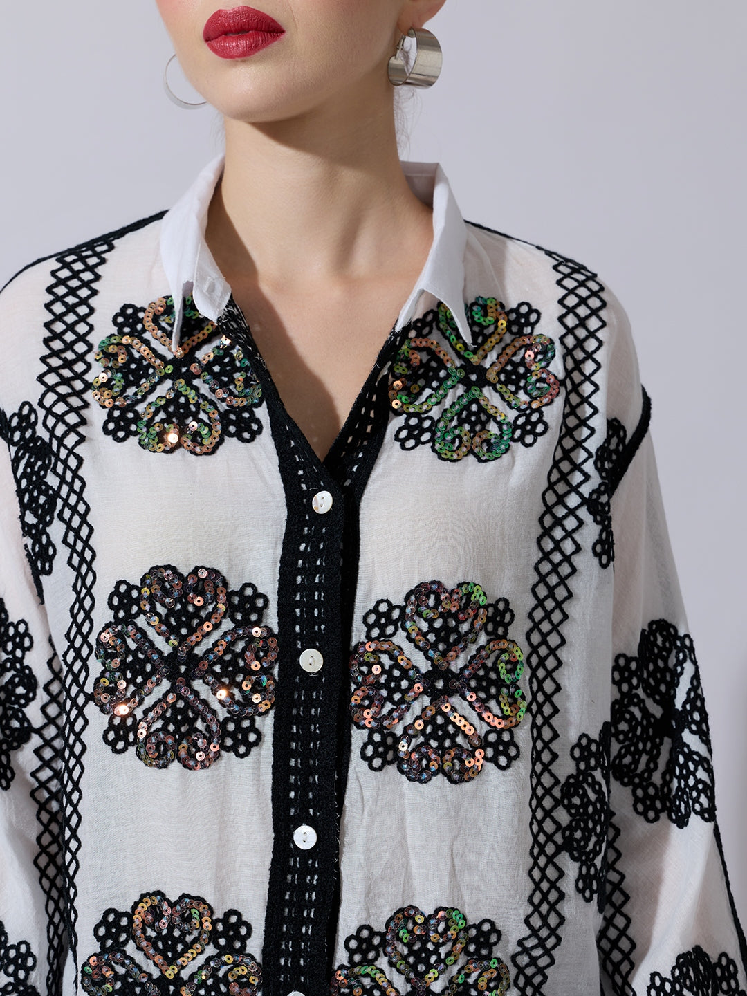 Women's Sequin White Embroidered Shirt