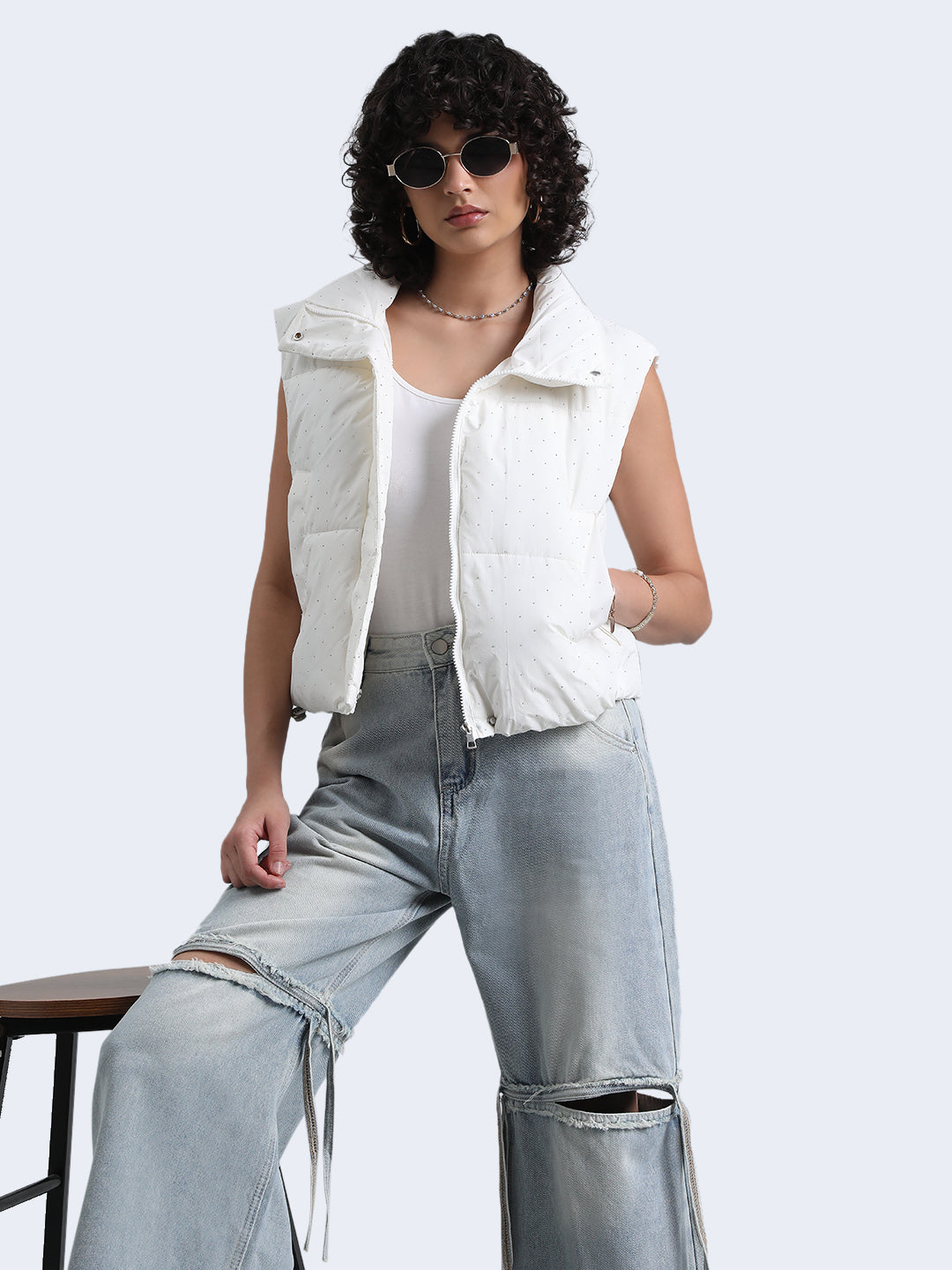 Women's White Puffer Jacket with Silver Stones