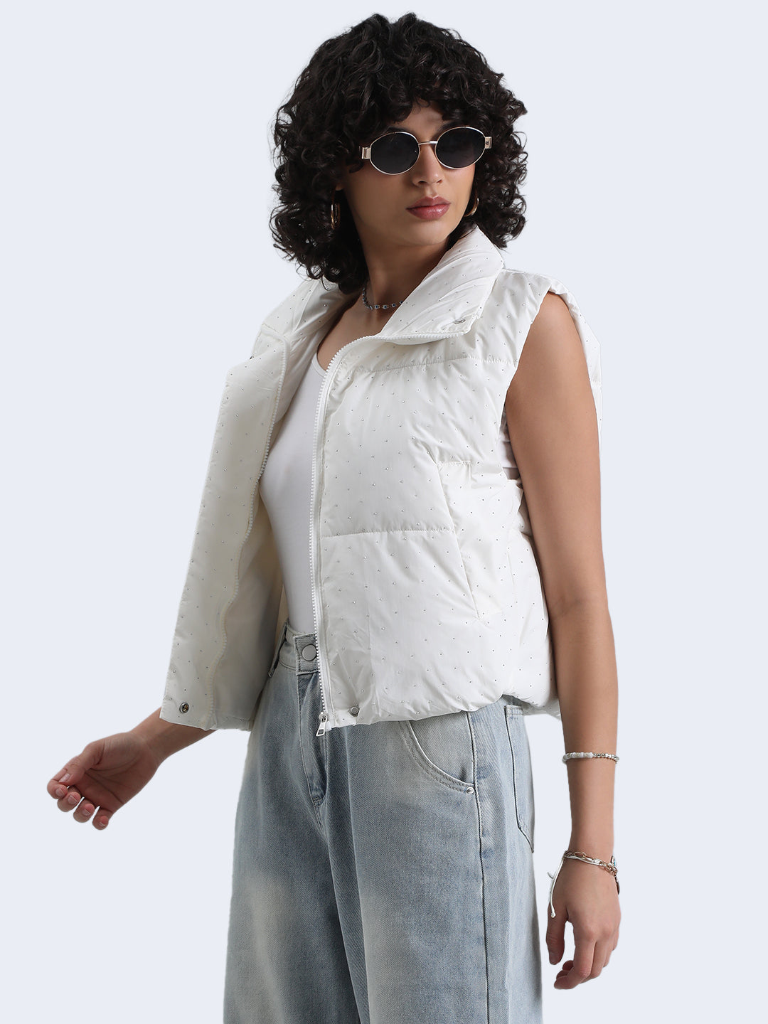 Women's White Puffer Jacket with Silver Stones