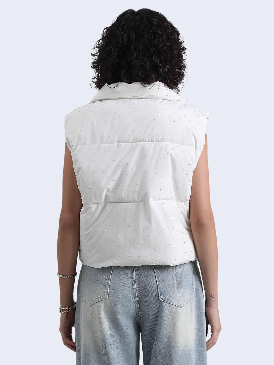 Women's White Puffer Jacket with Silver Stones