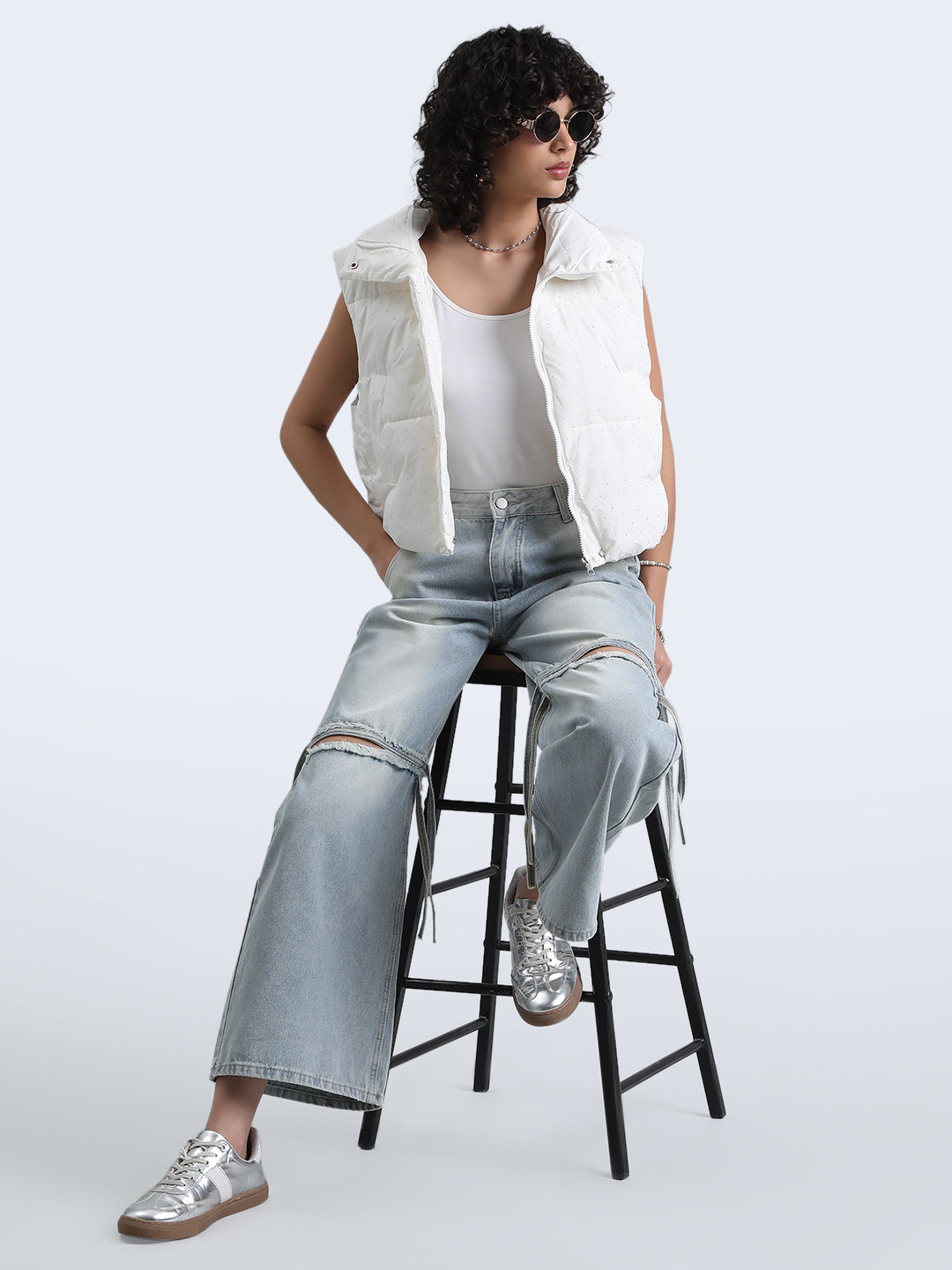 Women's White Puffer Jacket with Silver Stones