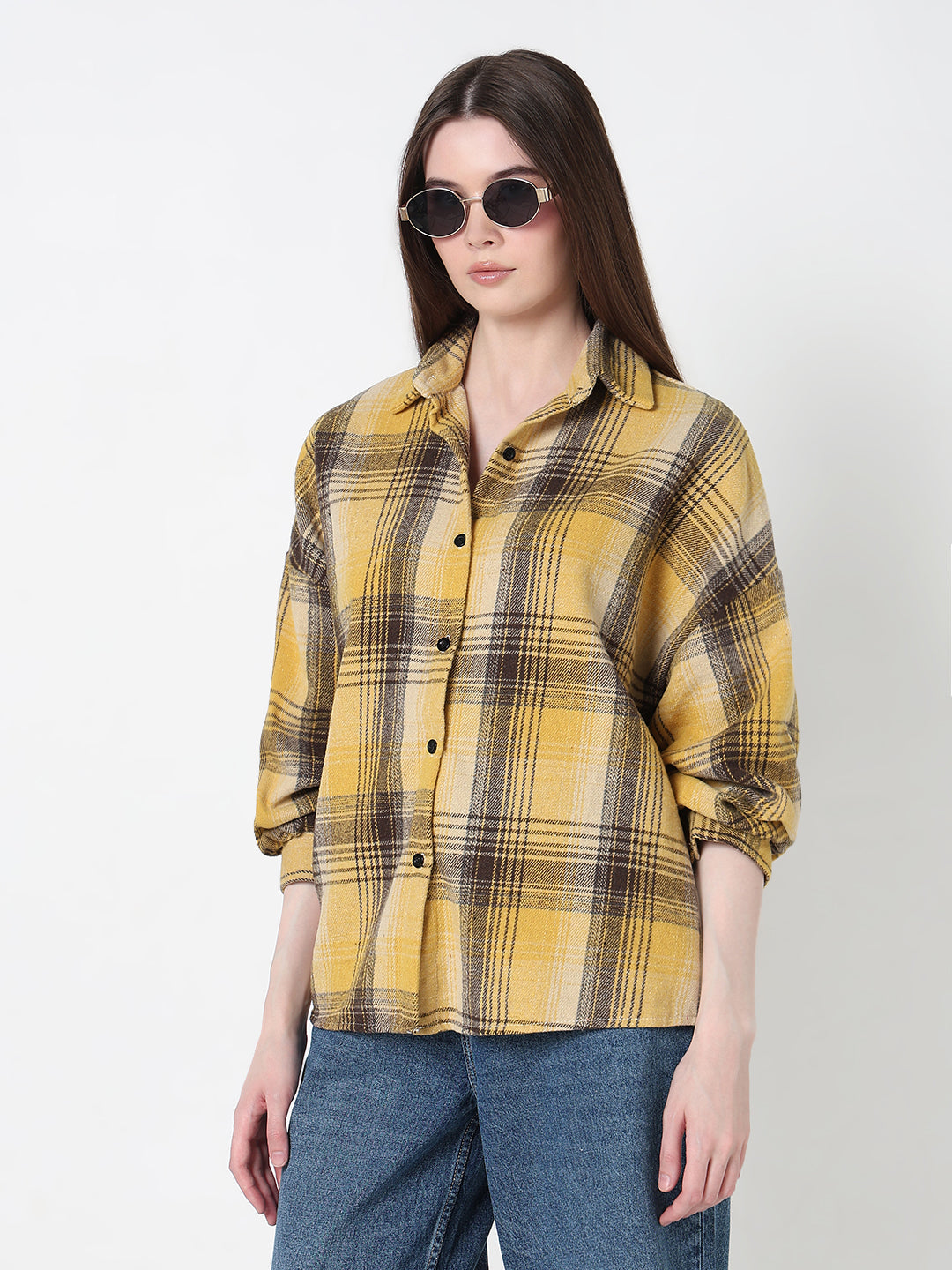 Women's Checked Yellow Oversized Button Down Shirt