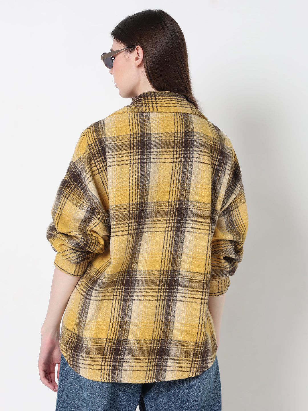 Women's Checked Yellow Oversized Button Down Shirt