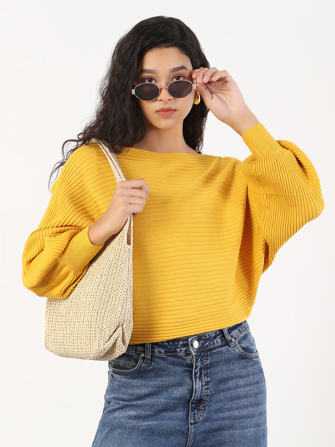 Women Casual Solid Boat Neck Knitted Yellow Top