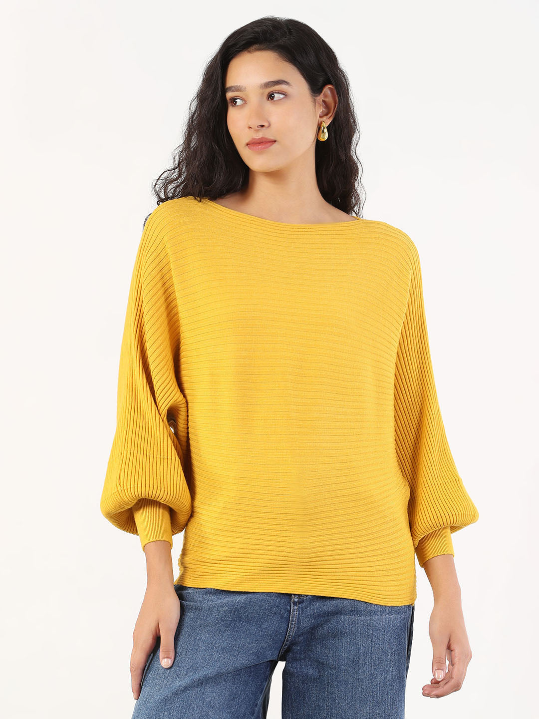 Women Casual Solid Boat Neck Knitted Yellow Top