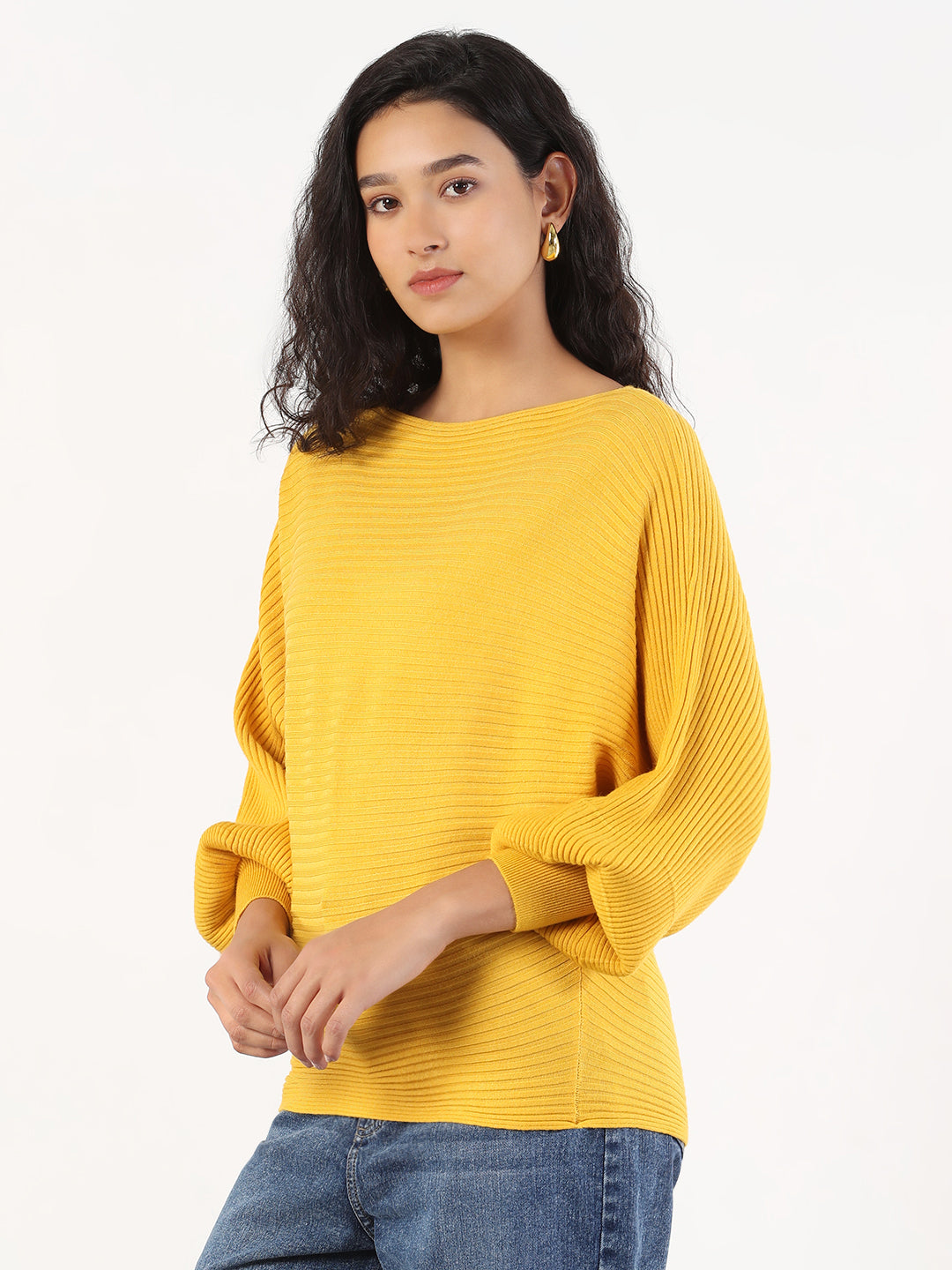 Women Casual Solid Boat Neck Knitted Yellow Top