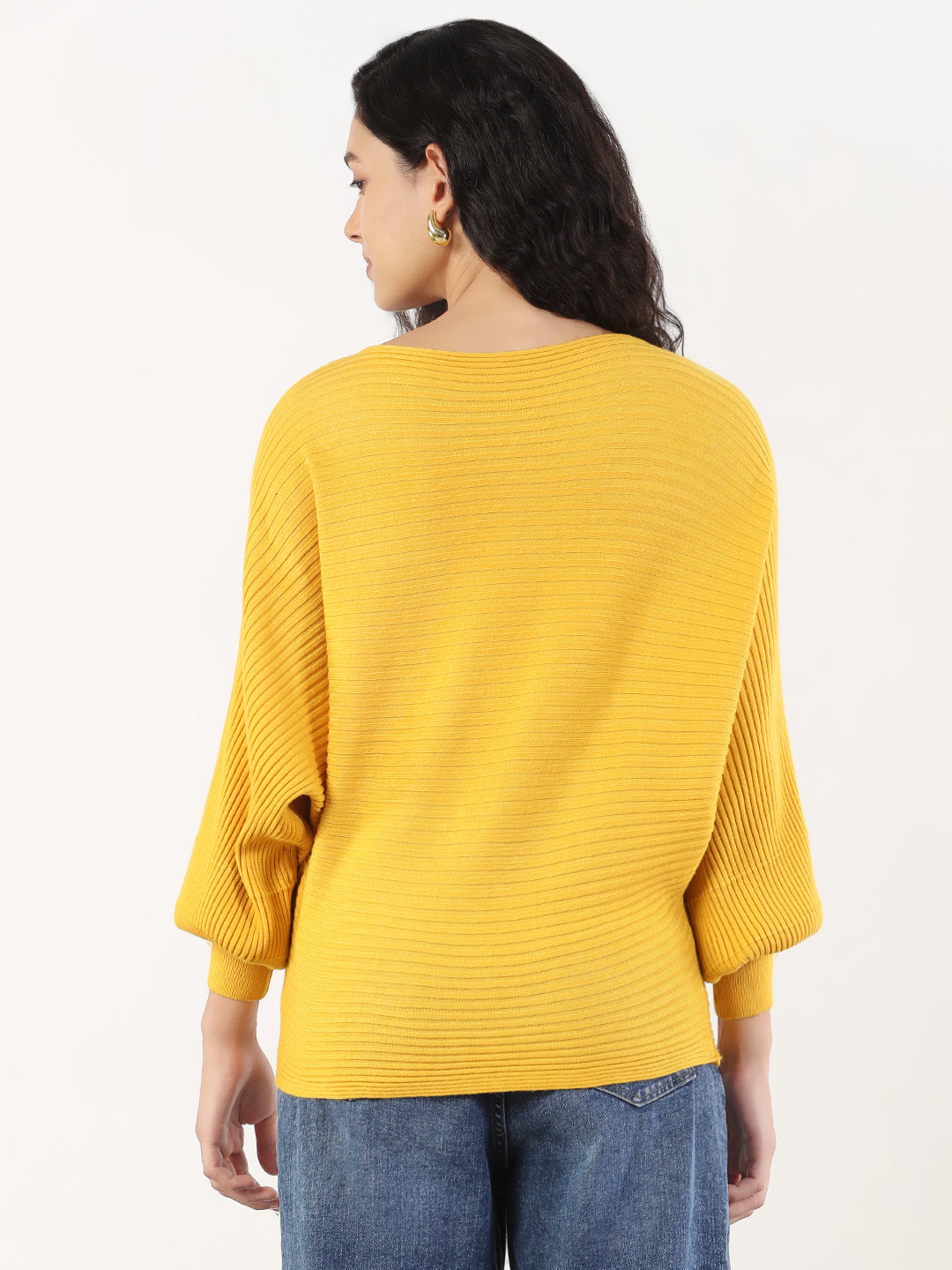 Women Casual Solid Boat Neck Knitted Yellow Top