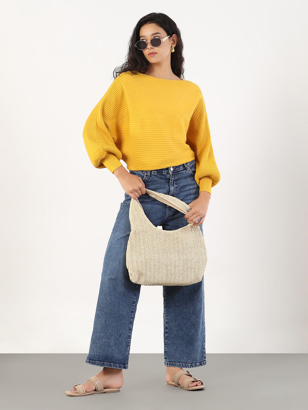 Women Casual Solid Boat Neck Knitted Yellow Top