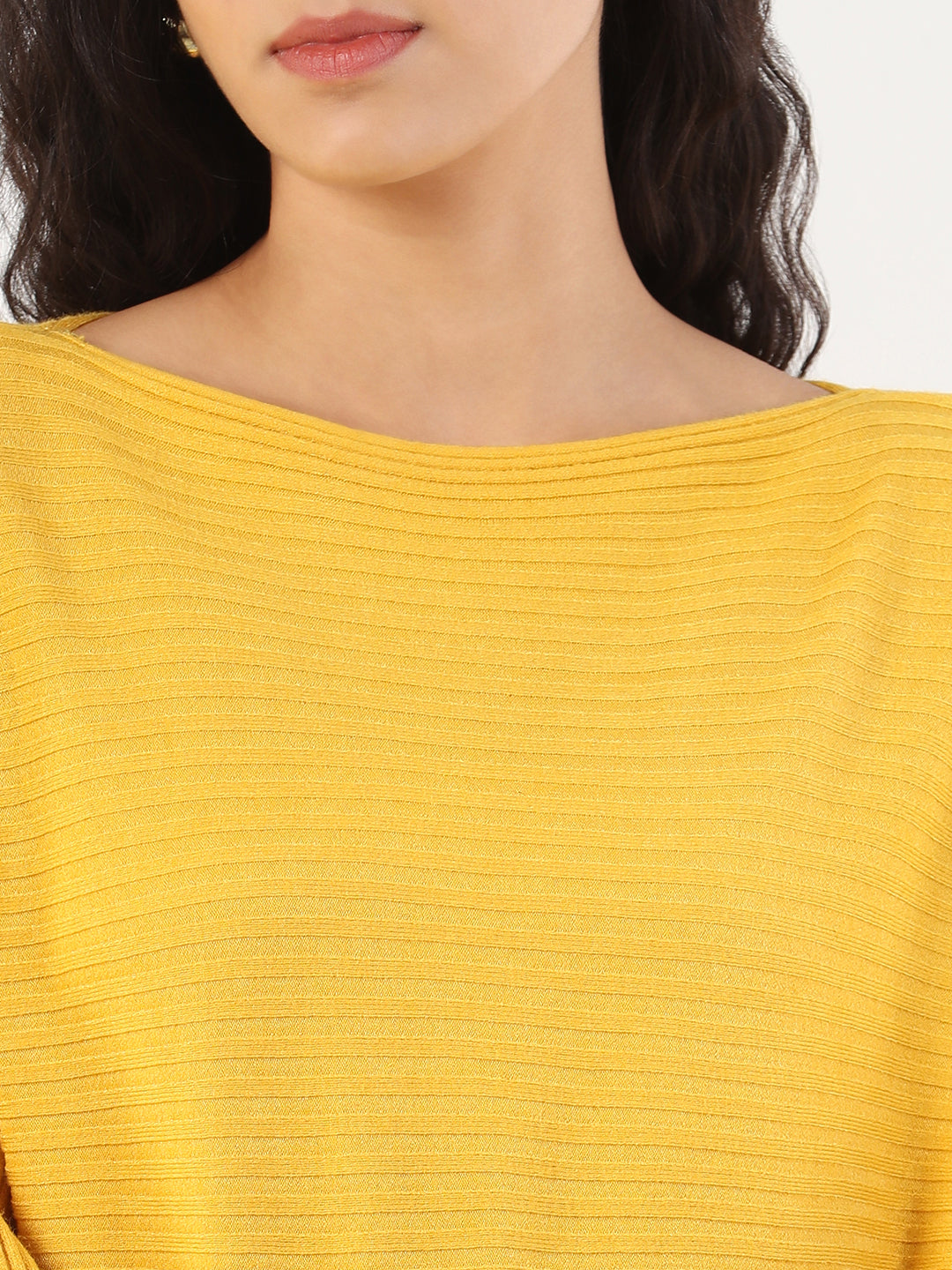 Women Casual Solid Boat Neck Knitted Yellow Top