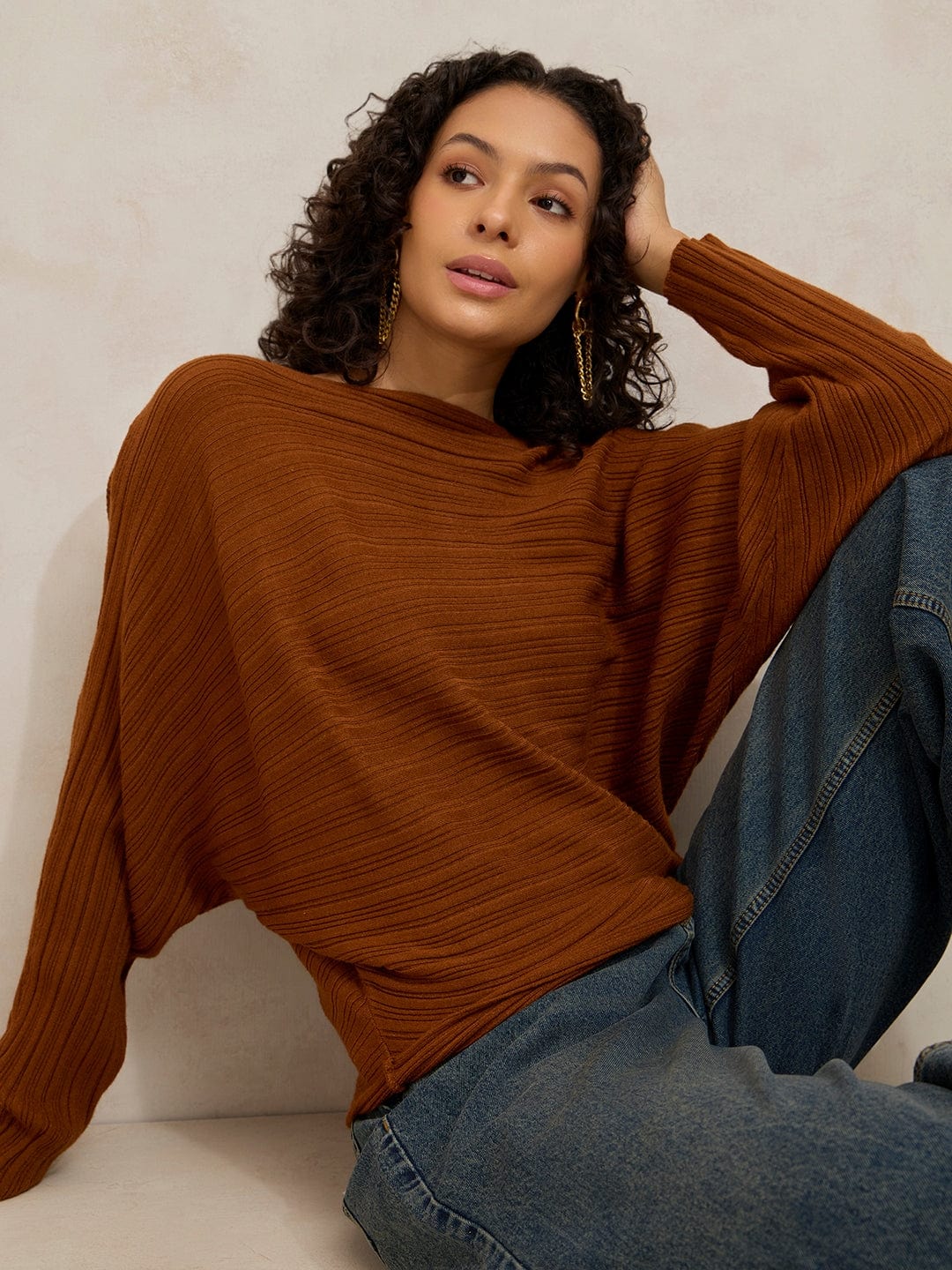 Women's Ribbed Brown Batwing Sleeves Top