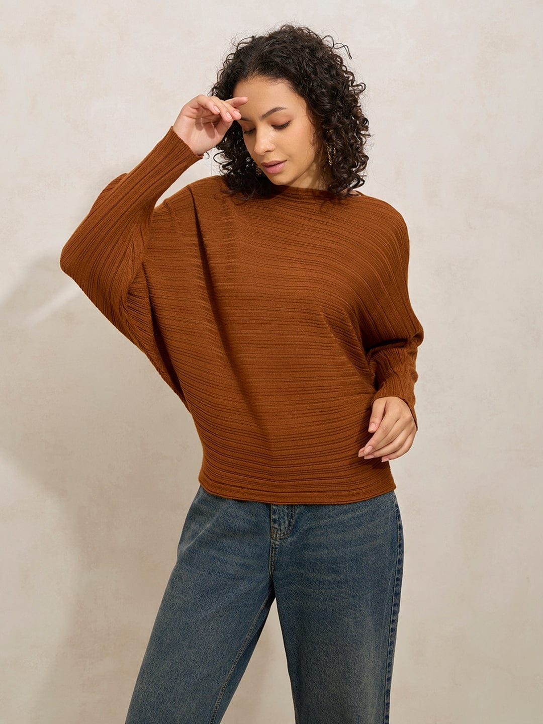 Women's Ribbed Brown Batwing Sleeves Top
