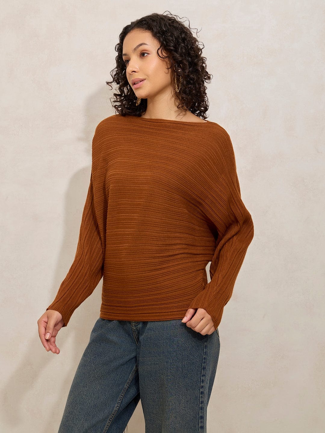 Women's Ribbed Brown Batwing Sleeves Top