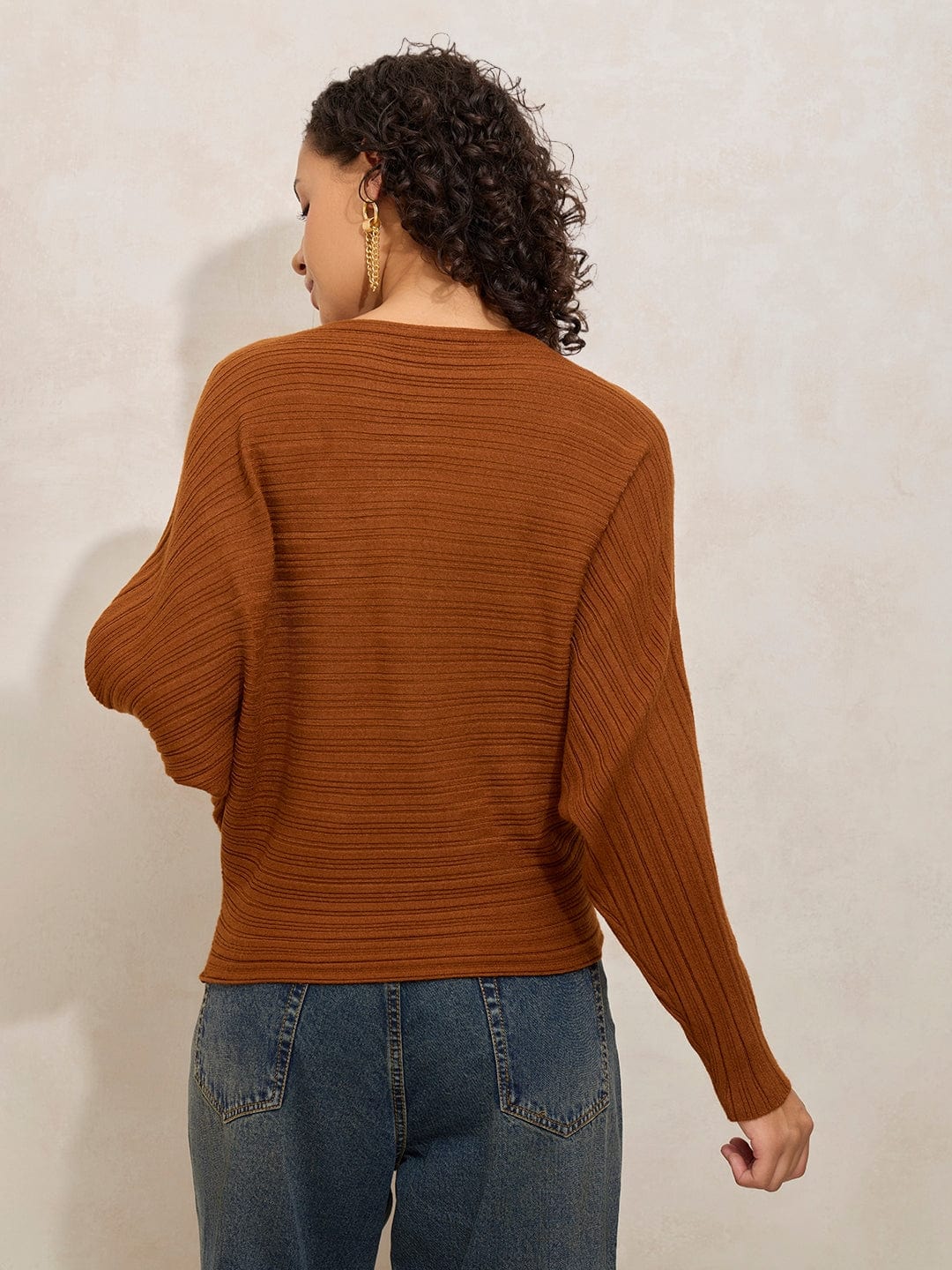 Women's Ribbed Brown Batwing Sleeves Top
