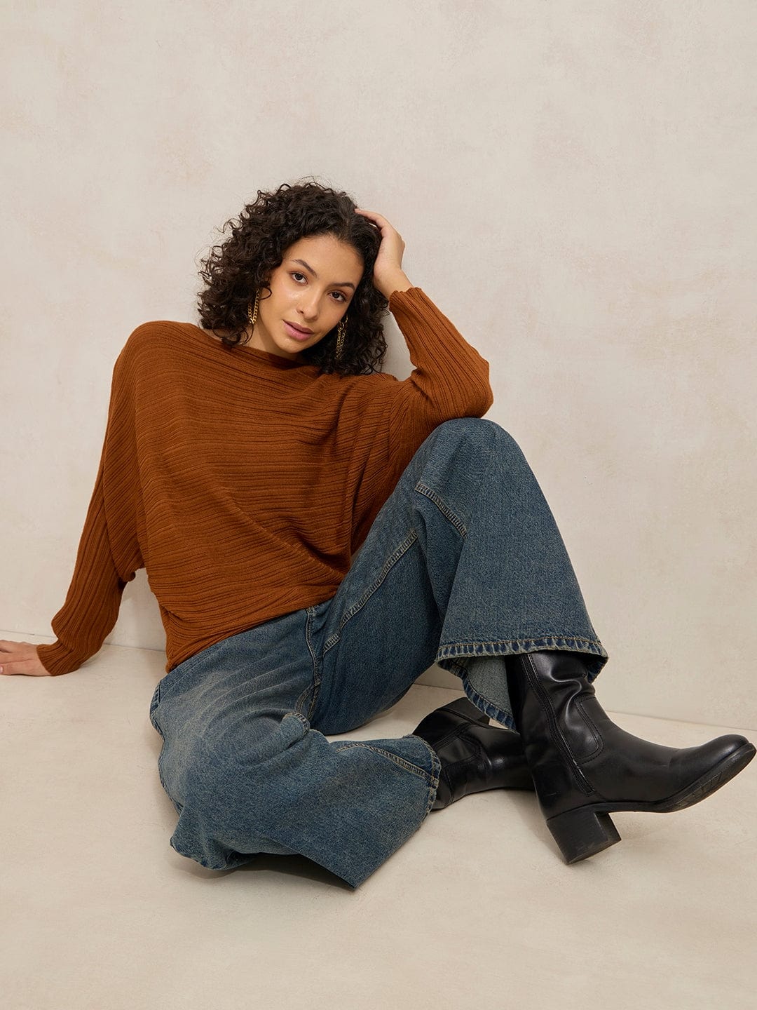 Women's Ribbed Brown Batwing Sleeves Top