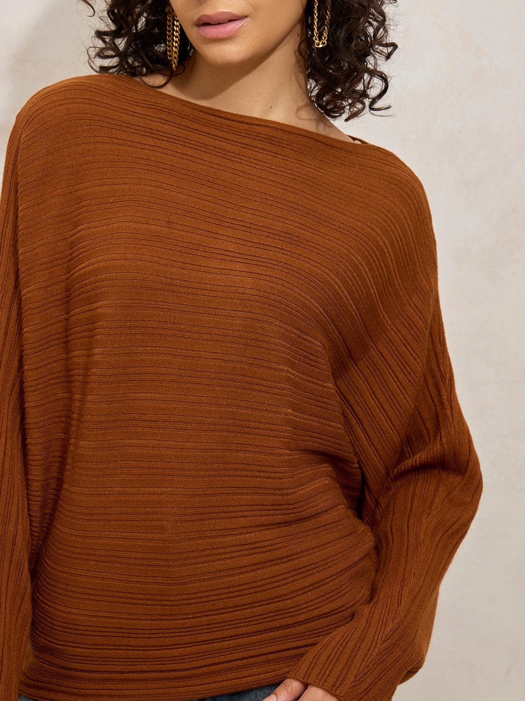 Women's Ribbed Brown Batwing Sleeves Top