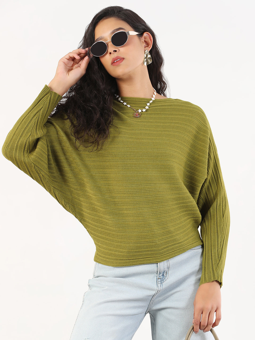 Women Casual Solid Boat Neck Knitted Green Top