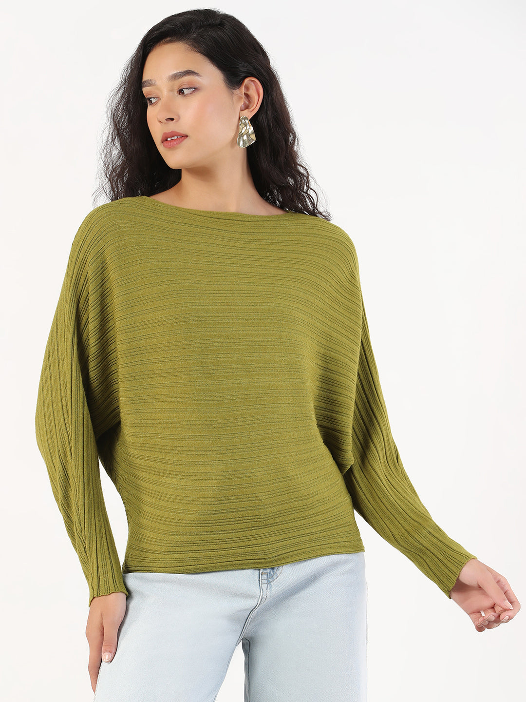 Women Casual Solid Boat Neck Knitted Green Top