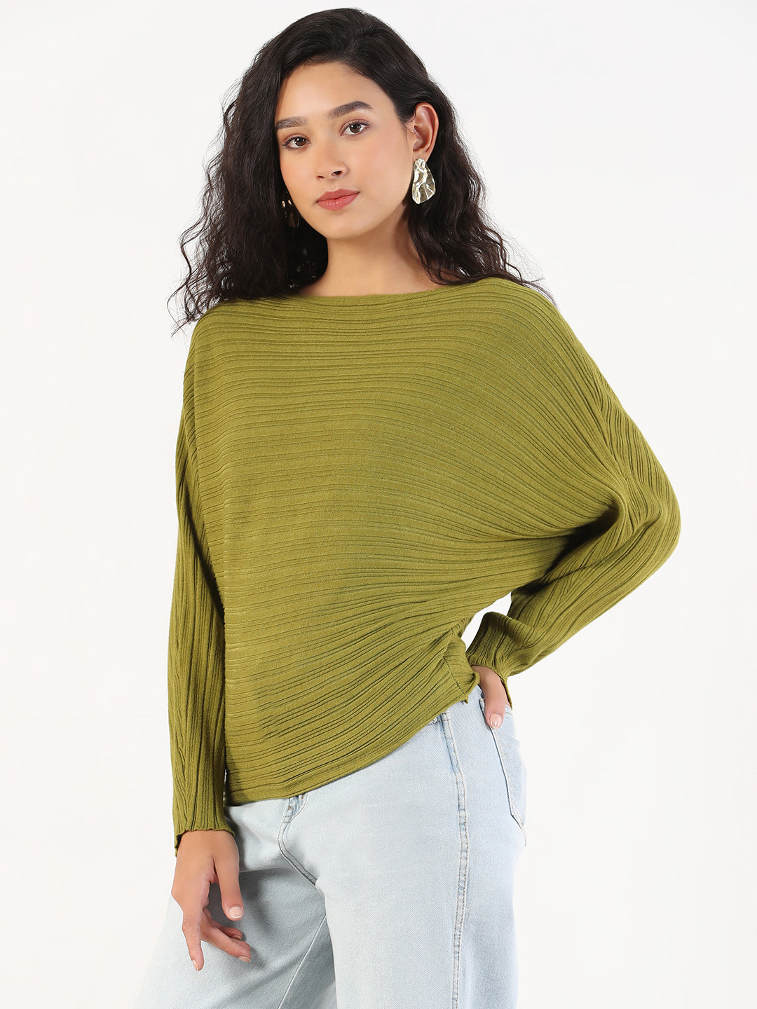 Women Casual Solid Boat Neck Knitted Green Top