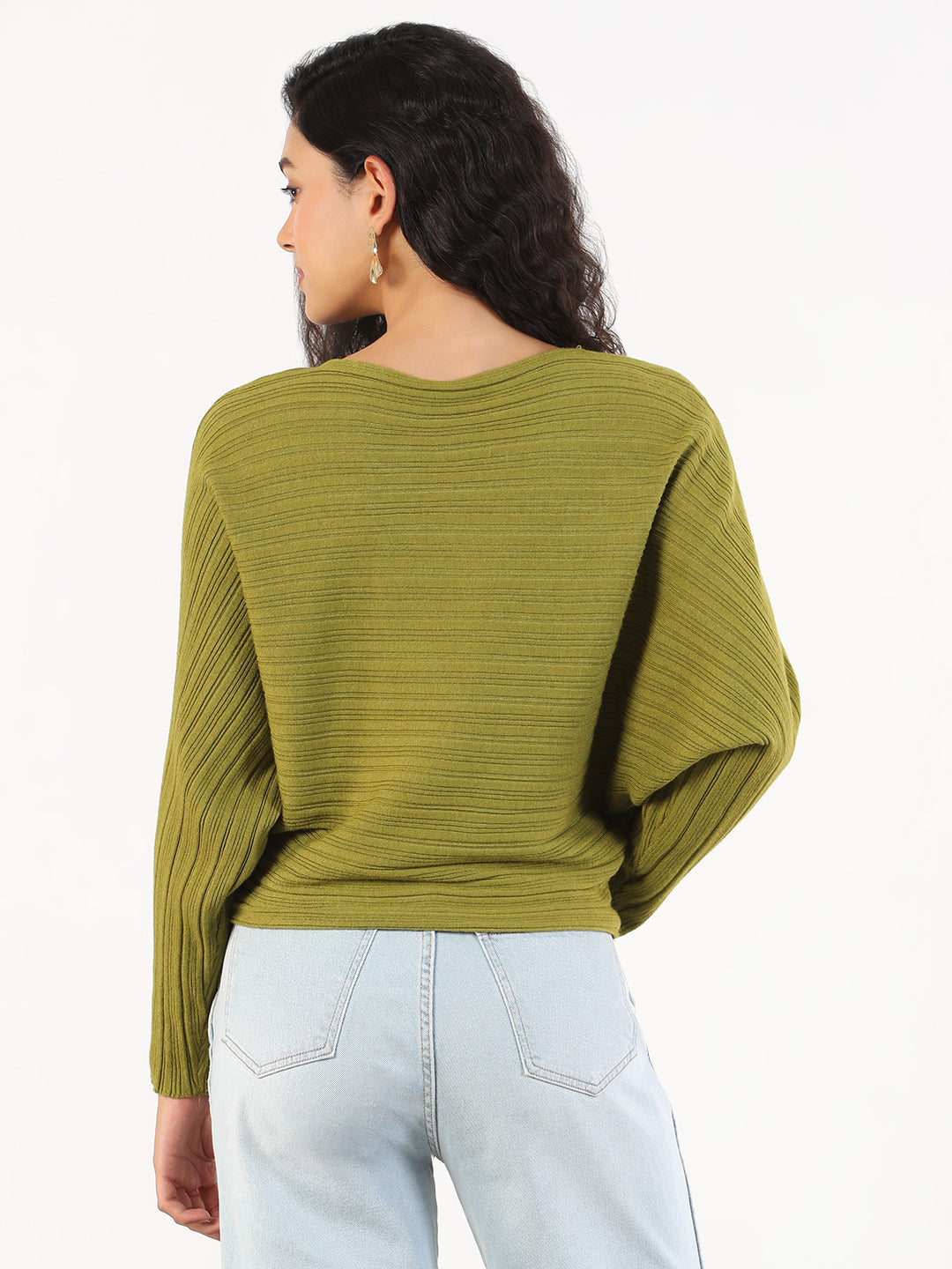 Women Casual Solid Boat Neck Knitted Green Top